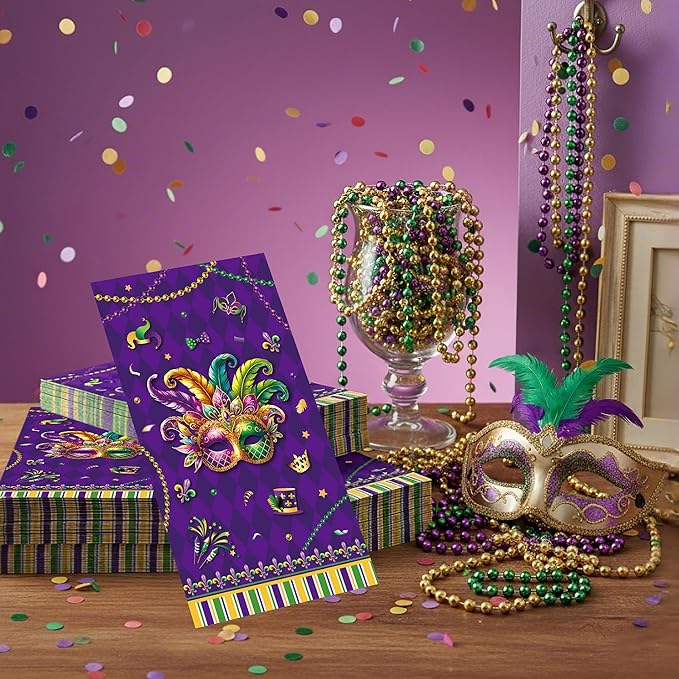 Mardi Party Gras Decorations - 100 Pcs Masquerade Paper Decorative Napkins Set Disposable Purple Crown Mask Dinner Cocktail Bulk Table Gifts Supplies Decor for Decoupage Carnival 7.9 x 4.3 In