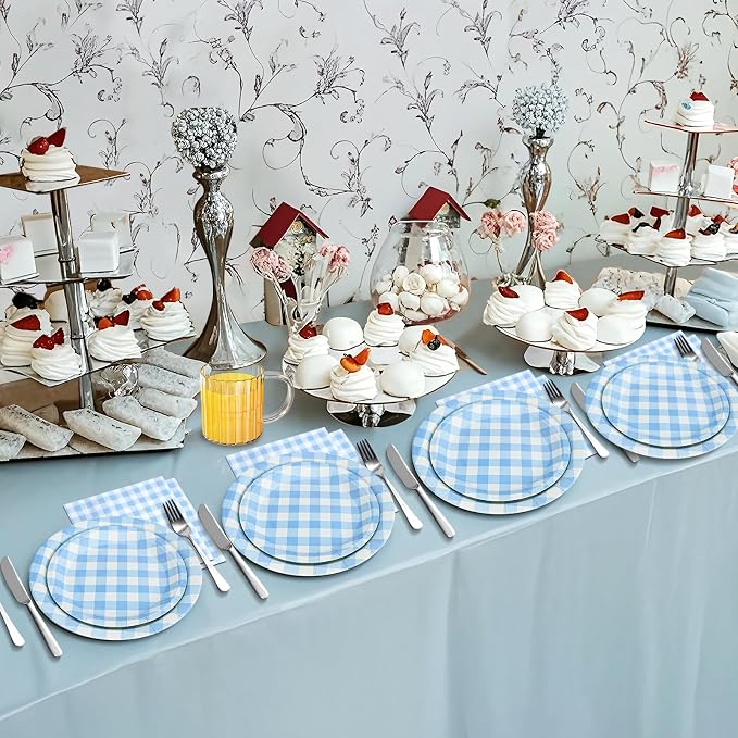 180Pcs Blue Gingham Party Supplies Paper Plates and Napkins Serve 60 - Image 7