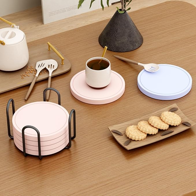 Azhou 6Pcs Drink Coaster with Holder, Non-Slip with Velvet Bottom, Thick Heavy - Image 6