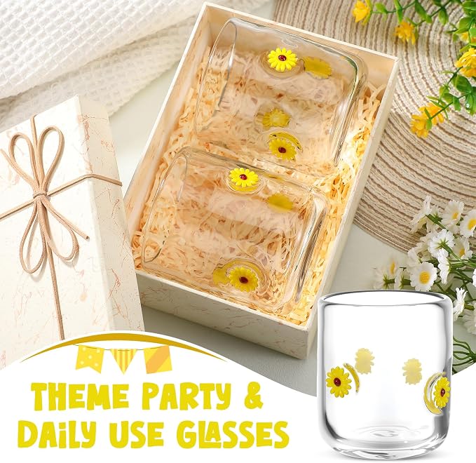 SiliFine 2 Pcs Sunflower Icon Juice Glasses - 14oz Yellow Flower Stemless Wine - Image 8
