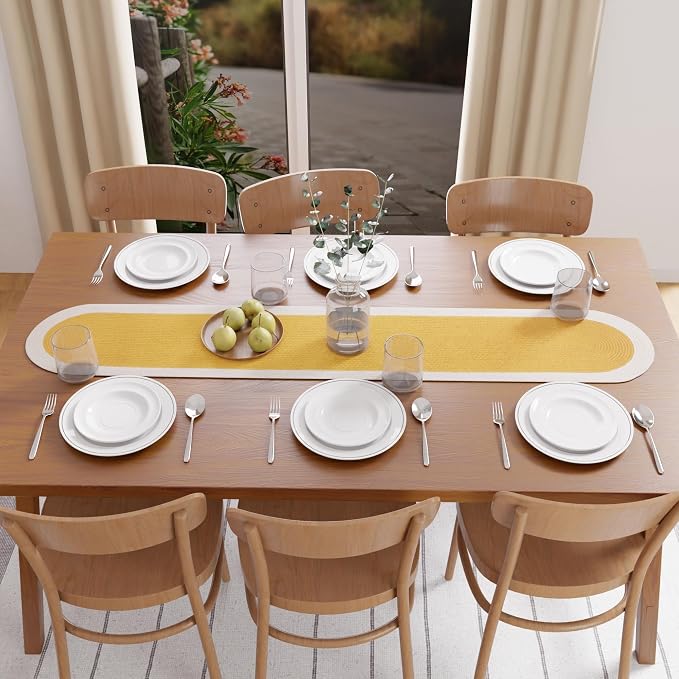 Encasa XO Dining Table Runner, Handmade Ribbed Cotton 12"x54" Yellow & Off White - Image 7