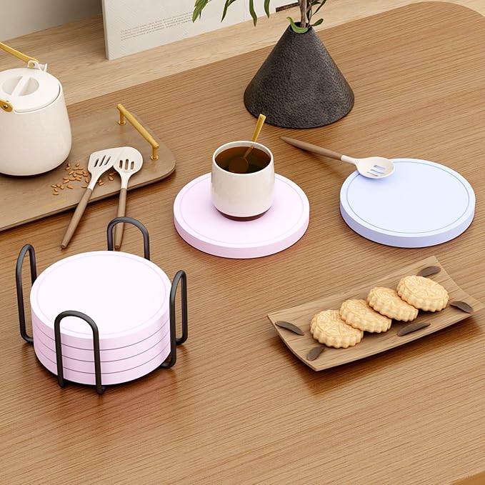Azhou 6Pcs Drink Coaster with Holder, Lavender Absorbent Coasters - Image 6