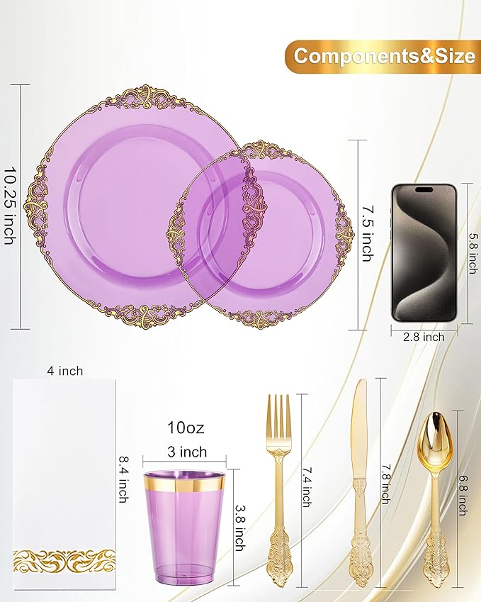Nervure 350Pcs Purple Plastic Plates, Plastic Dinnerware Set - Image 9