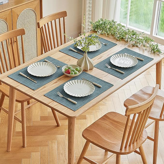 Softalker Faux Linen Placemats Set of 6-12 x 18 Inch, Heat Resistant Double Layered Durable Burlap Farmhouse Place Mats, Non-Slip Washable Rustic Table Mats for Dining, Kitchen, Party(Light Blue