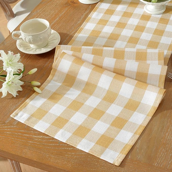 Laolitou Yellow Checkered Table Runner, Cotton Linen Gingham Table Runners - Image 5
