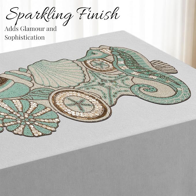 Beaded Table Runner 13x36 Coastal Sea Shell Premium Glass Beads & Polyester - Image 9