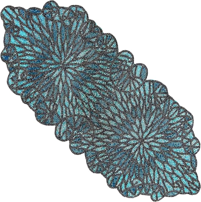 Beaded Table Runner, Floral Art Deco, 13x36 in, polyester backing, sapphire blue - Image 9