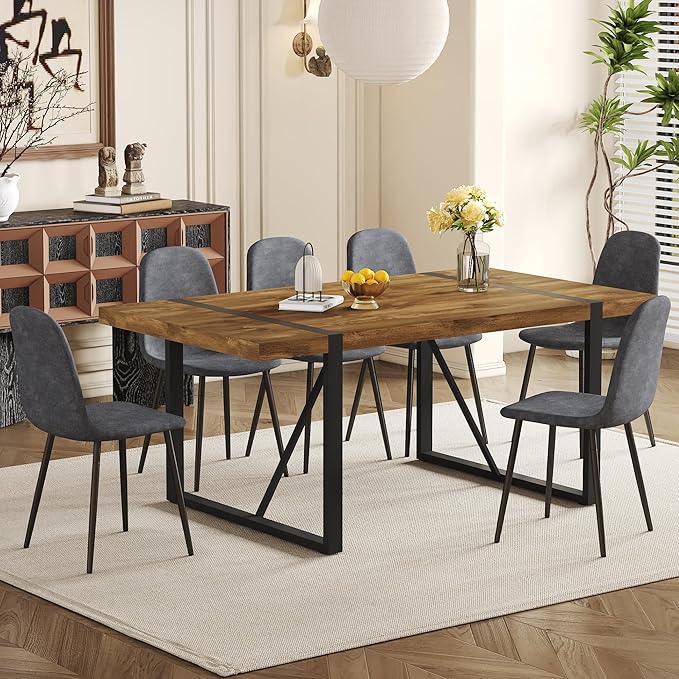 Dining Table Set for 6,Dinner Table Set for 6,71'' Dark Wood Kitchen Table and Suede Nap Fabic Chairs Set of 6,6 Chair Dining Table Set for Kitchen Dining Room