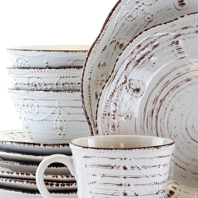 Elama Rustic Birch 16 Piece Embossed Scalloped Stoneware Round Dinnerware Set - Image 7