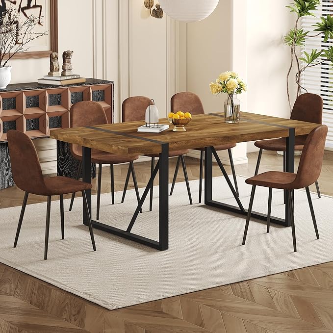 7 Piece Dining Table Set,Dinner Table Set for 6,71'' Dark Wood Kitchen Table and Suede Nap Fabic Chairs Set of 6,6 Chair Dining Table Set for Kitchen Dining Room