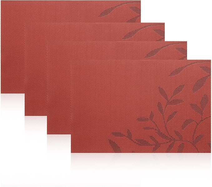 SHACOS Woven Vinyl Placemats Set of 8 Red Leaf Pattern Wipeable Place Mats - Image 7