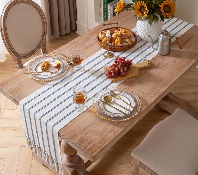 Caflife Boho Table Runner 108 Inchs Long Blue and Beige, Cotton and Linen Woven - Image 7