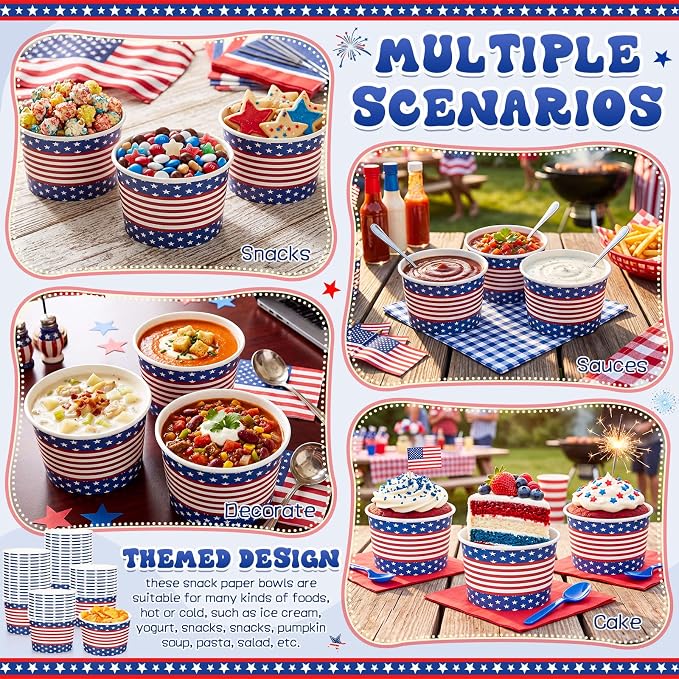 Potchen 50 Pack 9 oz Patriotic Paper Bowls Disposable Soup Bowls 4th of July - Image 6