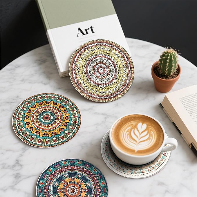 Mandala Pattern Coasters Leather Round Drink Coasters 6 Pcs Set - Image 6