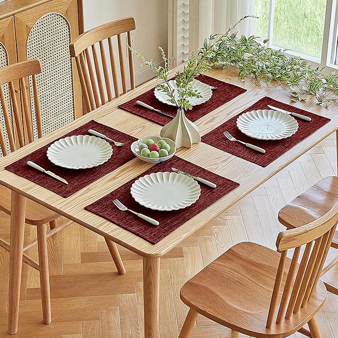 Softalker Faux Linen Placemats Set of 4-12 x 18 Inch, Heat Resistant Double Layered Durable Burlap Farmhouse Place Mats, Non-Slip Washable Rustic Table Mats for Dining, Kitchen, Party(Red
