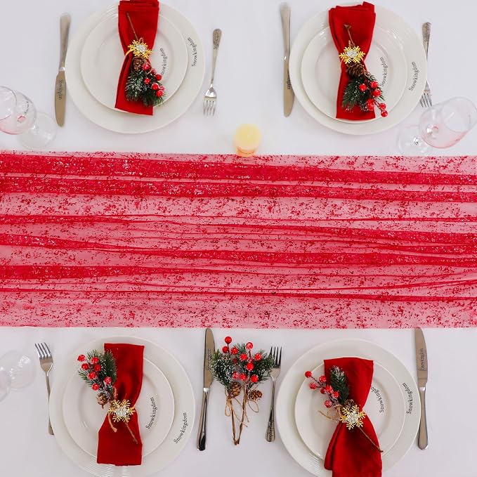 Snowkingdom 6 Pcs Red Glitter Table Runner 10 FT, Sheer Chiffon Sparkle Gauze - Image 8