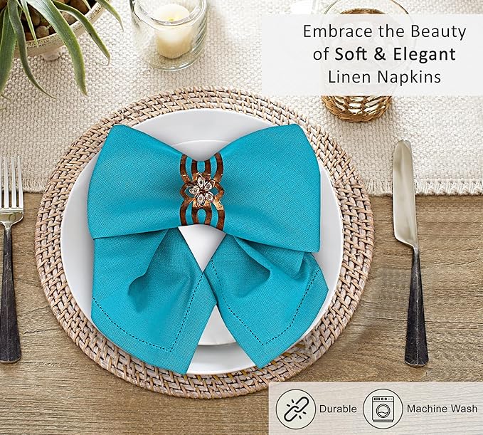 Ruvanti Premium Linen Napkins Set of 4-20x20 Inch, Classic Hemstitch, Mitered Corner Cloth Napkins - Soft, Elegant Dinner Napkins Cloth Washable for Weddings, Parties, Everyday Use - Blue