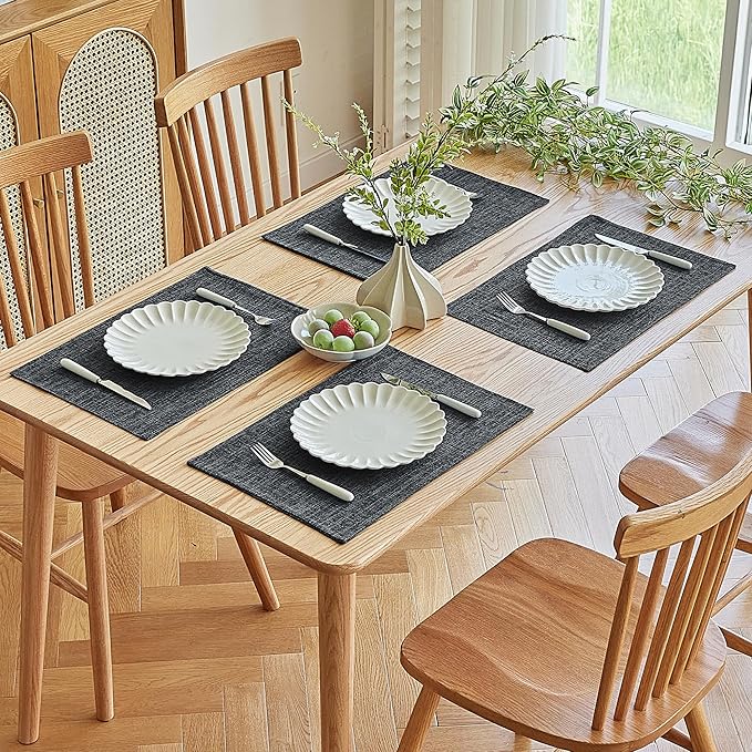 Softalker Faux Linen Placemats Set of 8-12 x 18 Inch, Heat Resistant Double Layered Durable Burlap Farmhouse Place Mats, Non-Slip Washable Rustic Table Mats for Dining, Kitchen, Party(Dark Grey
