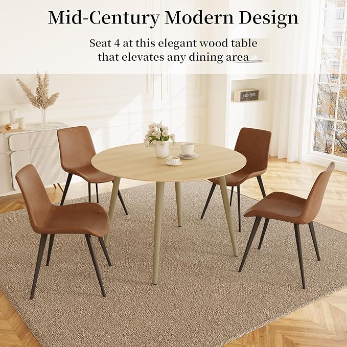 43.3 Inch Round Dining Table Set for 4, Modern Small Kitchen Coffee Set for Dining Room Kitchen Apartment (Cream Table + 4 Brown Chairs)