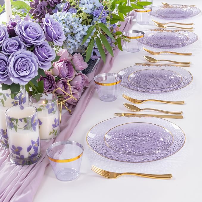 Rubtlamp 175 Pcs Purple Plastic Dinnerware Set, Hammered Party Platos, Plates - Image 7