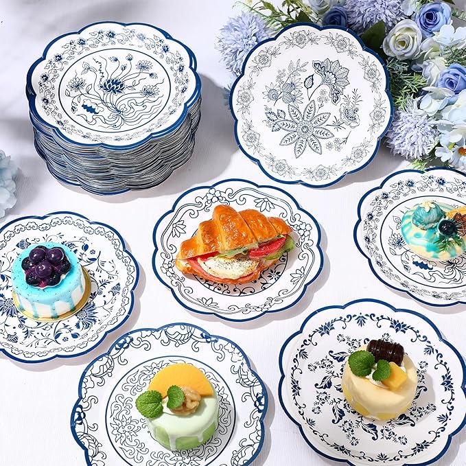 120 Pcs Blue Floral Party Plates 7 Inch Vintage Disposable Paper Plates Blue - Image 6