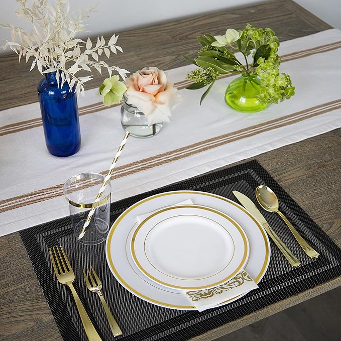 Neatiffy 200 Pcs Gold Plastic Silverware Disposable Cutlery Set, Includes 50 Forks, 50 Spoons, 50 Knives, 50 Medium Forks, Utensils Set for Catering, Parties, Dinners, Weddings