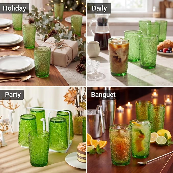 Reallnaive 13 oz Green Drinking Glasses Set of 8, Vintage Glassware - Image 6