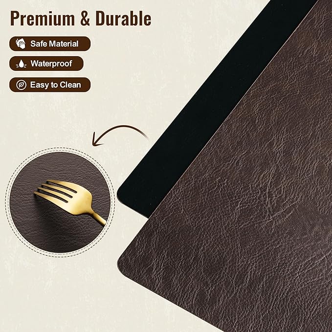DOLOPL Placemats Set of 8 Reversible Dual-Color Table Placemats – Heat Resistant Wipeable & Brown Placemats, Luxury Faux Leather Table Mats for Vintage Dining Table Decor(Dark Brown & Black)