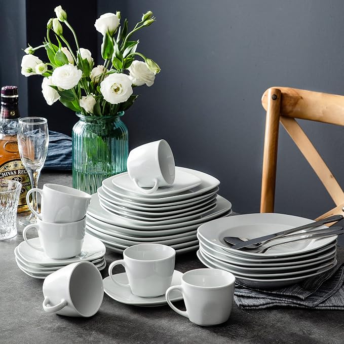 MALACASA 30 Piece Porcelain Dinnerware Set, Square Ceramic Dishware Sets - Image 7