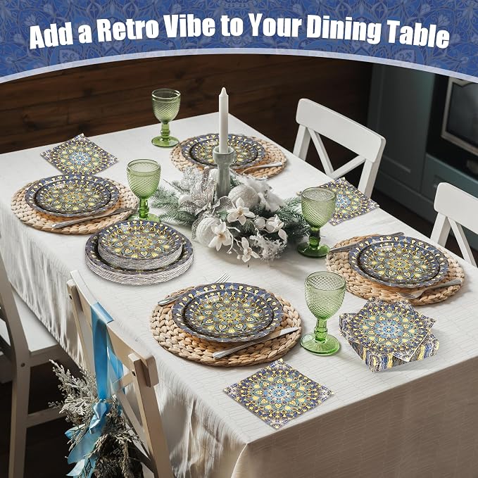 Kochorie 100 Pieces Bohemian Style Paper Plates and Napkins Set Vintage - Image 7