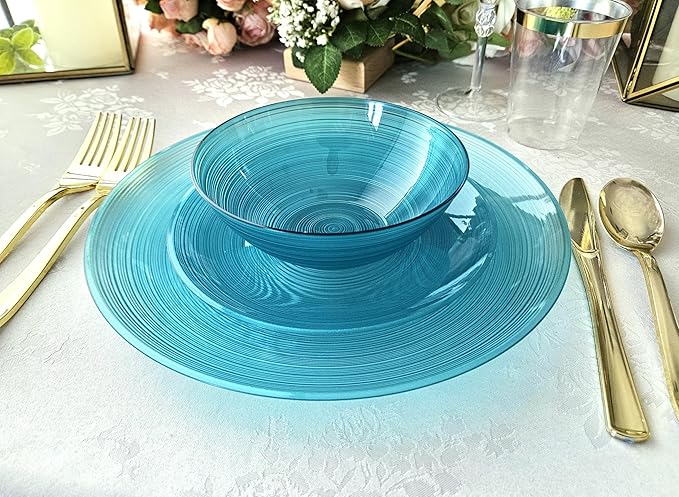 " OCCASIONS " 100 Plates Pack,(50 Guests) Premium Wedding Party Disposable Plastic Plates Set -50 x 10'' Dinner + 50 x 7'' Salad/Dessert (Belize in Aqua)