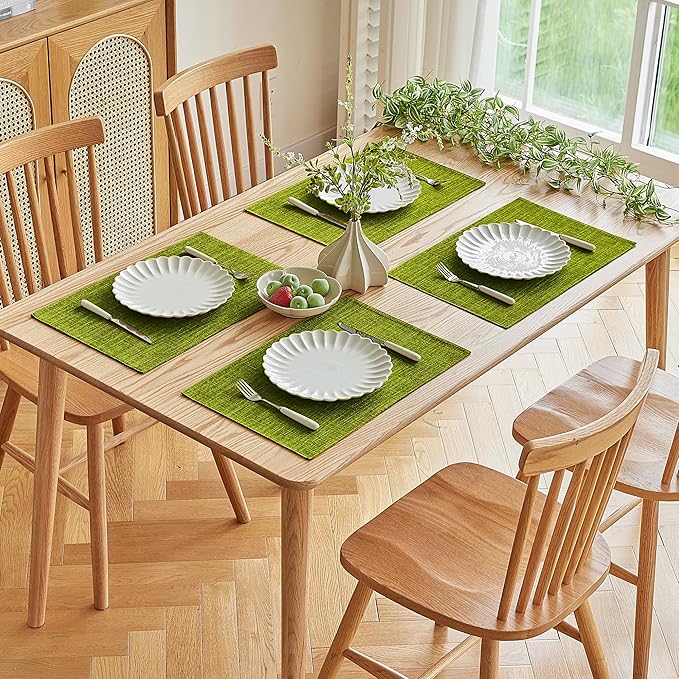 Softalker Faux Linen Placemats Set of 12-12 x 18 Inch, Heat Resistant Double Layered Durable Burlap Farmhouse Place Mats, Non-Slip Washable Rustic Table Mats for Dining, Kitchen, Party(Lime Green