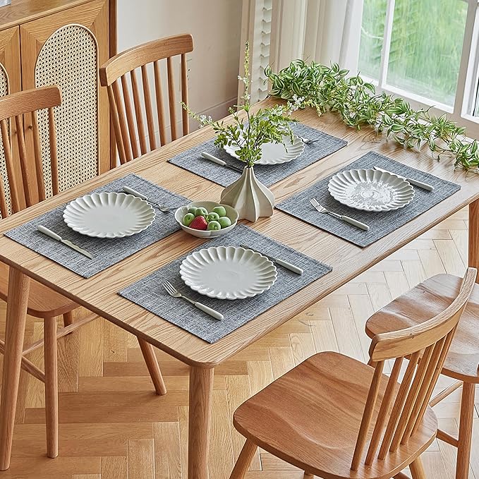 Softalker Faux Linen Placemats Set of 8-12 x 18 Inch, Heat Resistant Double Layered Durable Burlap Farmhouse Place Mats, Non-Slip Washable Rustic Table Mats for Dining, Kitchen, Party(Light Grey