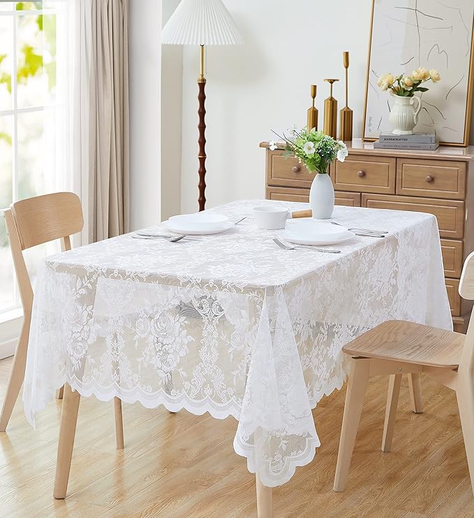 Warm Home Designs 60 x 84 White Rectangular Lace Tablecloth with English Rose Pattern. Rustic Dining Table Cover for 6-8 Guests. LTC White 84