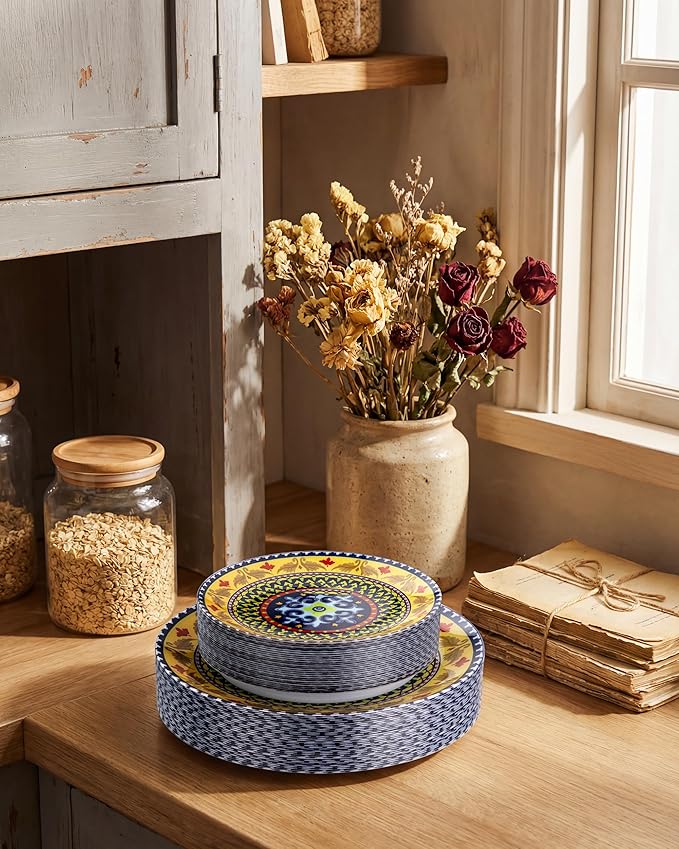 Yellow Plastic Plates, Boho Plates, layered circle red/yellow accents. Durable - Image 9