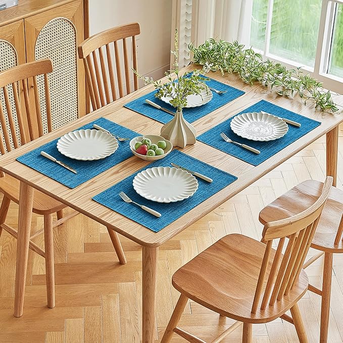 Softalker Faux Linen Placemats Set of 12-12 x 18 Inch, Heat Resistant Double Layered Durable Burlap Farmhouse Place Mats, Non-Slip Washable Rustic Table Mats for Dining, Kitchen, Party(Sky Blue