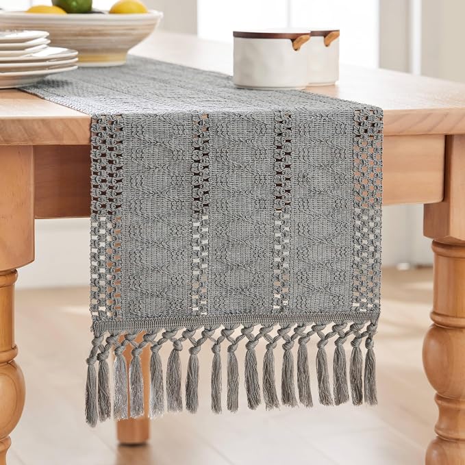 Macrame Style Boho Table Runner, 12x48 Inch Grey | Woven Boho Table Runner - Image 7