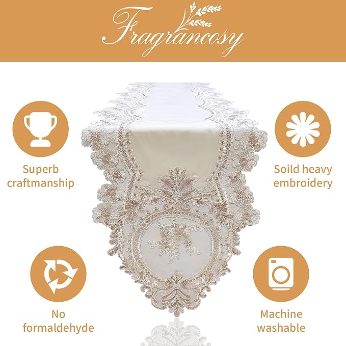 Elegant Vintage Lace Table Runner 36 inches Long Beige Gold - Image 7