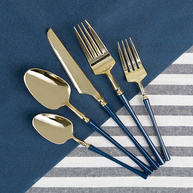 PlasticPro 20 Count Gold and Navy Plastic Tea Spoons Premium Quality Heavy Duty Disposable Elegant Silverware Two Tone Tea Spoons for Party
