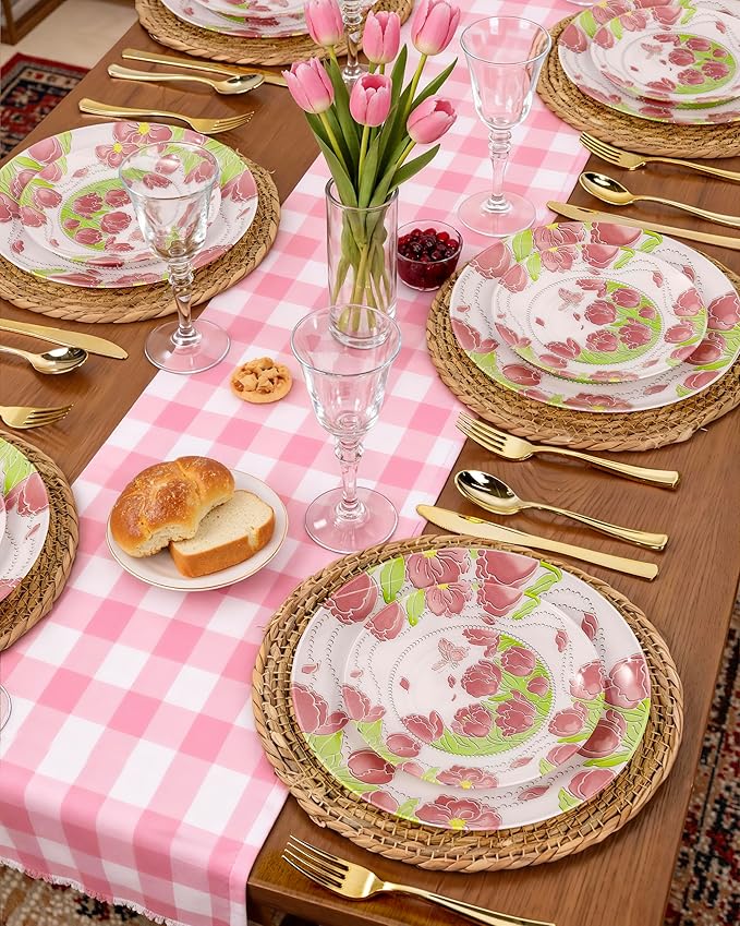 60 Pcs Disposable Plates, Pearl Trim | Elegant pink tulip & butterfly pattern - Image 9