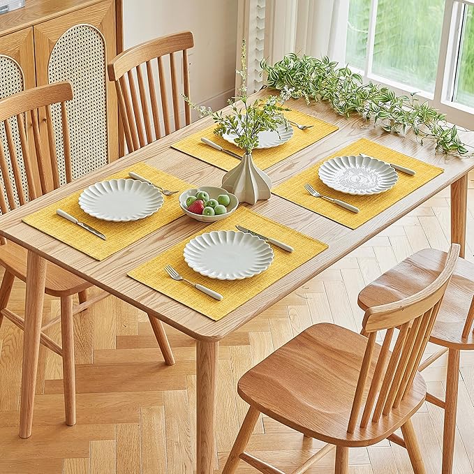 Softalker Faux Linen Placemats Set of 6-12 x 18 Inch, Heat Resistant Double Layered Durable Burlap Farmhouse Place Mats, Non-Slip Washable Rustic Table Mats for Dining, Kitchen, Party(Yellow