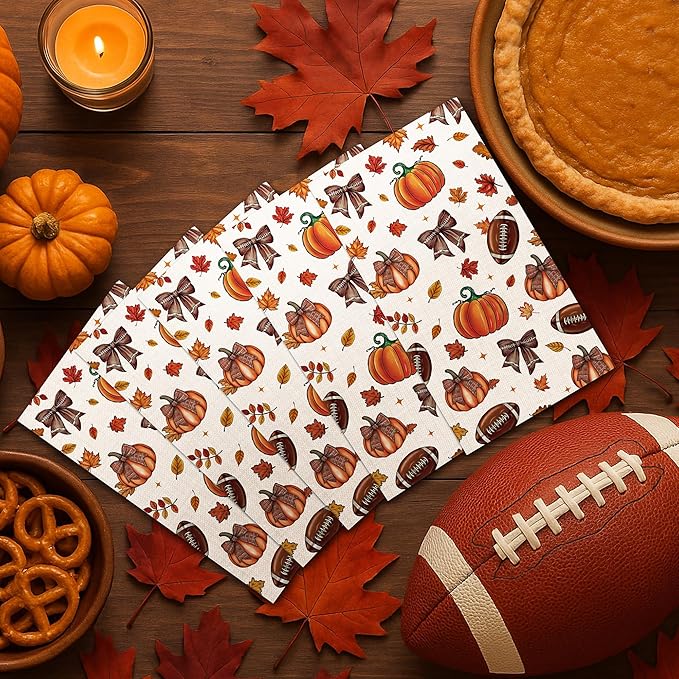 Fall Football Pumpkin Napkin - 100 Pcs Maple Leaves Pumpkin Rugby Decorative Cocktail Napkins Set, Autumn Sports Game Day Disposable Paper Hand Towels, Thanksgiving Party Decorations Supplies
