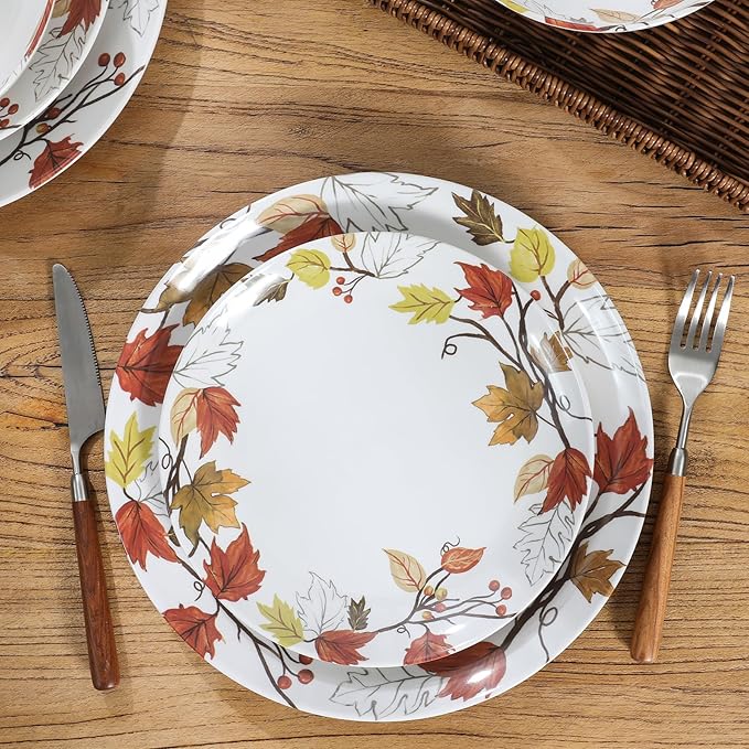 Melamine Dinnerware Sets 12 Pcs, Melamine Plates and Bowls,Party Plates and Bowls Sets, Camping Dishes Set for 4, Unbreakable, BPA Free, Dishwasher Safe(Yellow Maple Leaves)