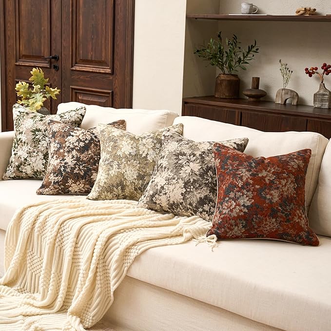 Yangest Neutral Floral Pillow Cover 24 x 24 Inches, Vintage Chenille Square Throw Pillow Cover Soft Decorative Farmhouse Accent Couch Pillow Cover for Living Room Bedroom, Beige