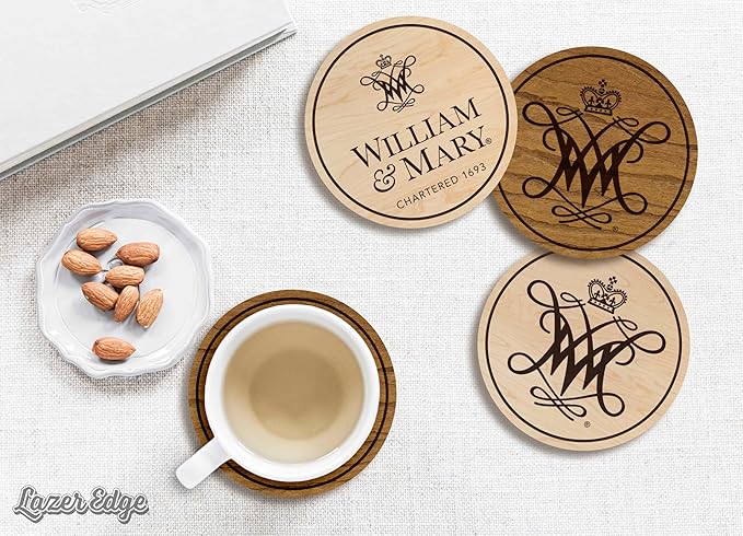 LazerEdge William & Mary Tribe Wooden Coaster Set - Maple Wood - Officially Licensed Product - 4-Pack