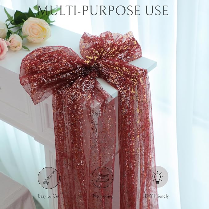 Snowkingdom Burgundy Gold Gauze Table Runner 10 Ft, Glitter Sheer Metallic Foil - Image 6