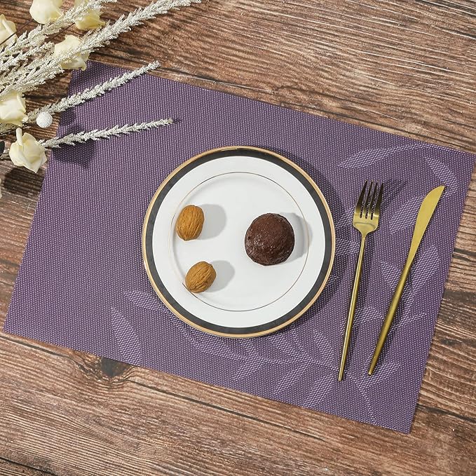 SHACOS Woven Vinyl Placemats Set of 4 Purple Leaf Pattern Place Mats Wipe Clean - Image 9