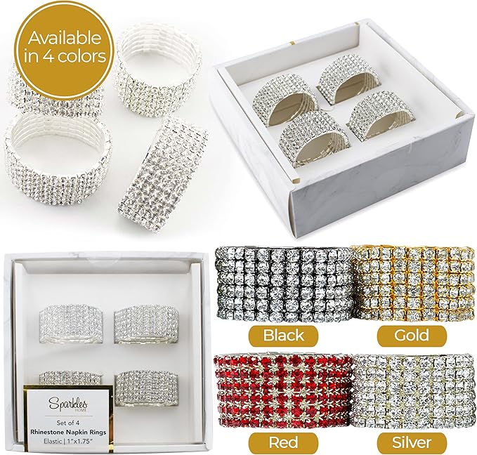 Ashford Napkin Ring, Sparkling Glass Rhinestones, for Cloth Napkins, Elegant Formal Dining Table Setting, Event, Wedding, Charcoal, 2", Set of 4