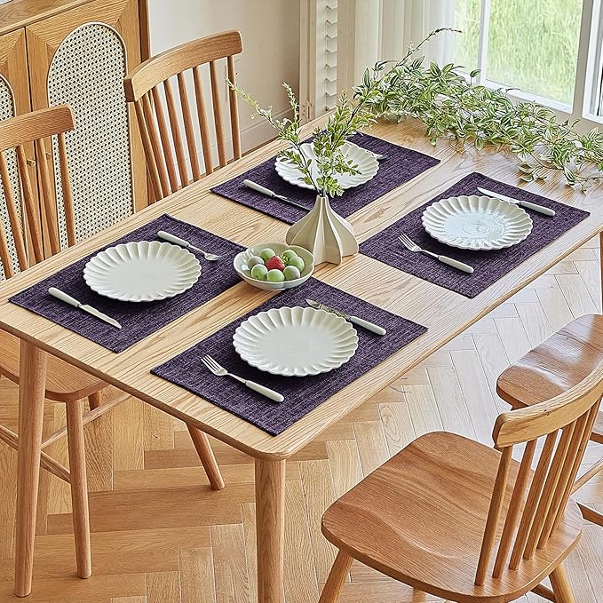 Softalker Faux Linen Placemats Set of 12-12 x 18 Inch, Heat Resistant Double Layered Durable Burlap Farmhouse Place Mats, Non-Slip Washable Rustic Table Mats for Dining, Kitchen, Party(Purple