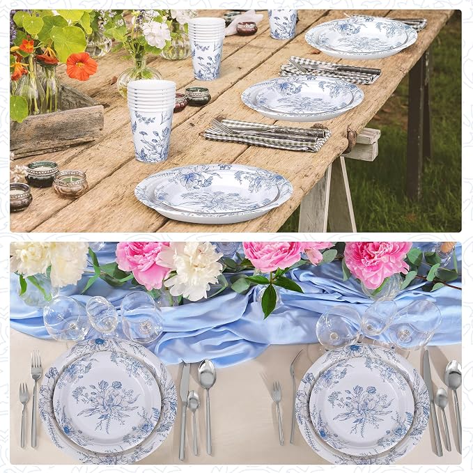 Kochorie 96 Piece Blue and White Floral Disposable Party Supplies Elegant - Image 7